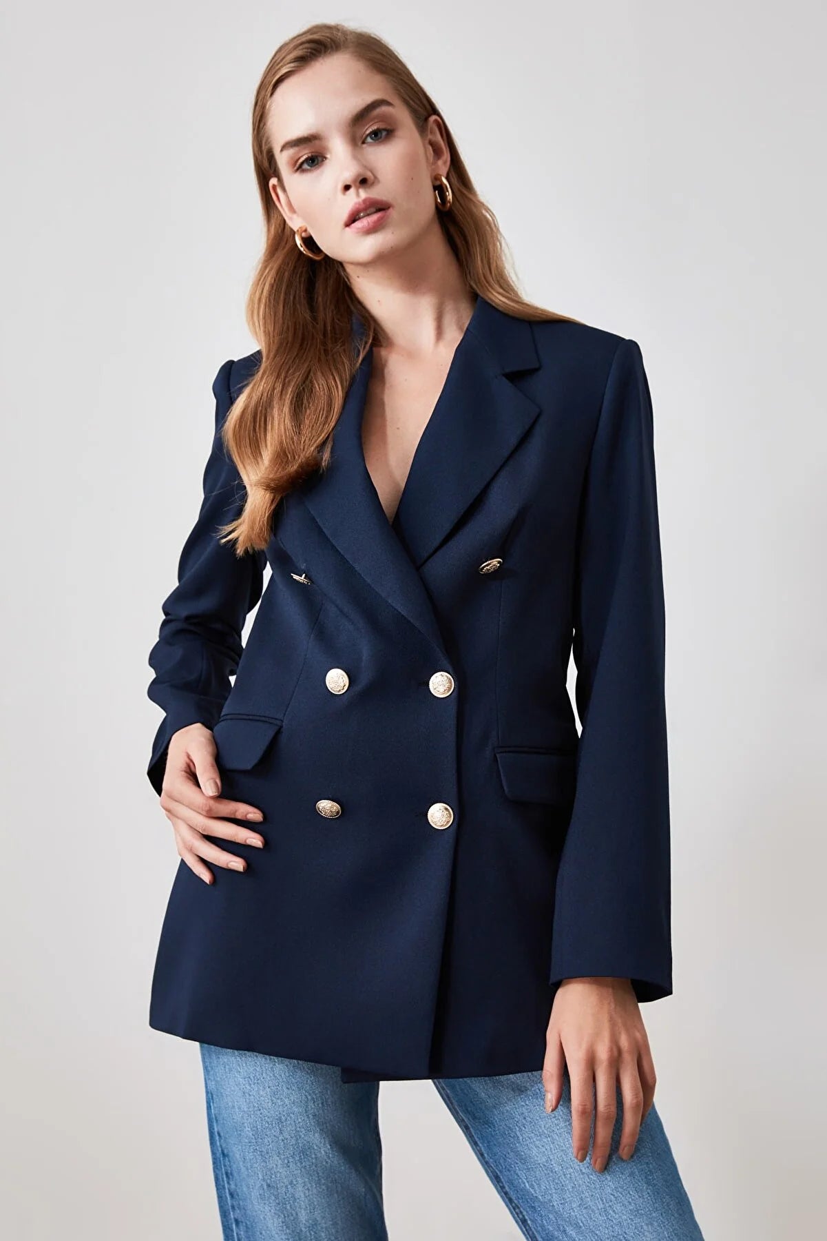 Navy Blue Button Detailed Oversize