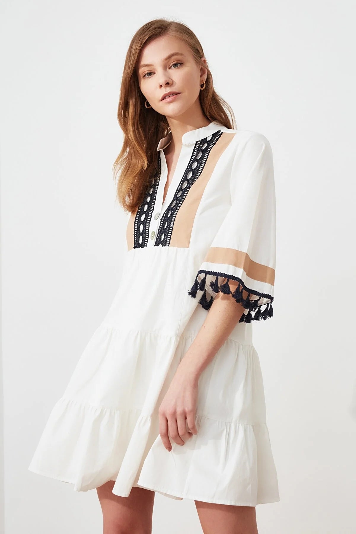 White Embroidery and Tassel Detailed Dress