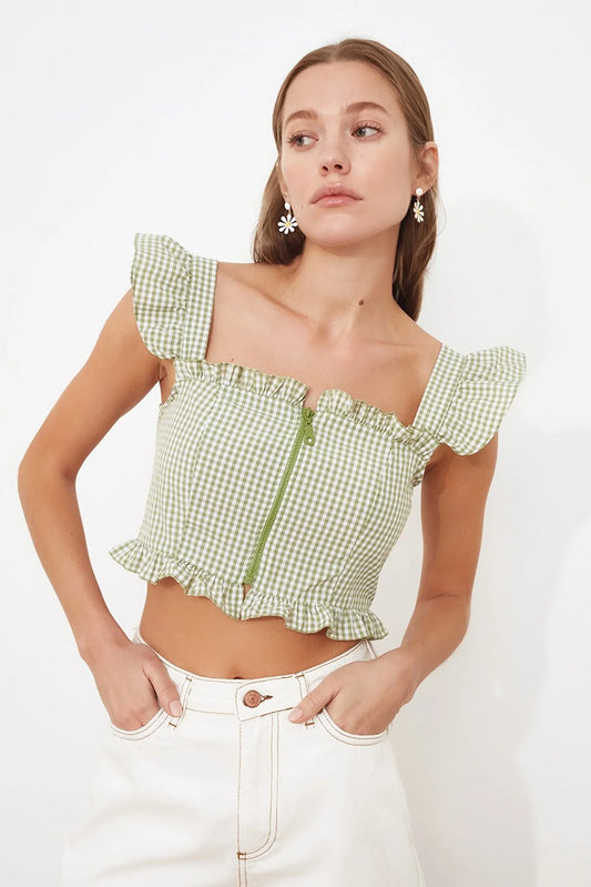 Green Zipper Detailed Crop Top