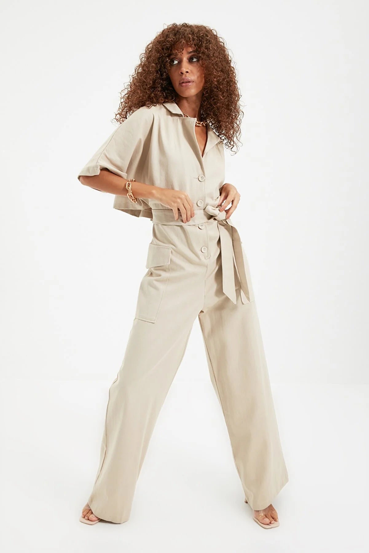 Mink Belted Buttoned Jumpsuit