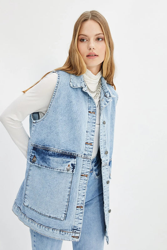 Indigo Shirt Collar Pocket Detailed Denim Vest Jacket