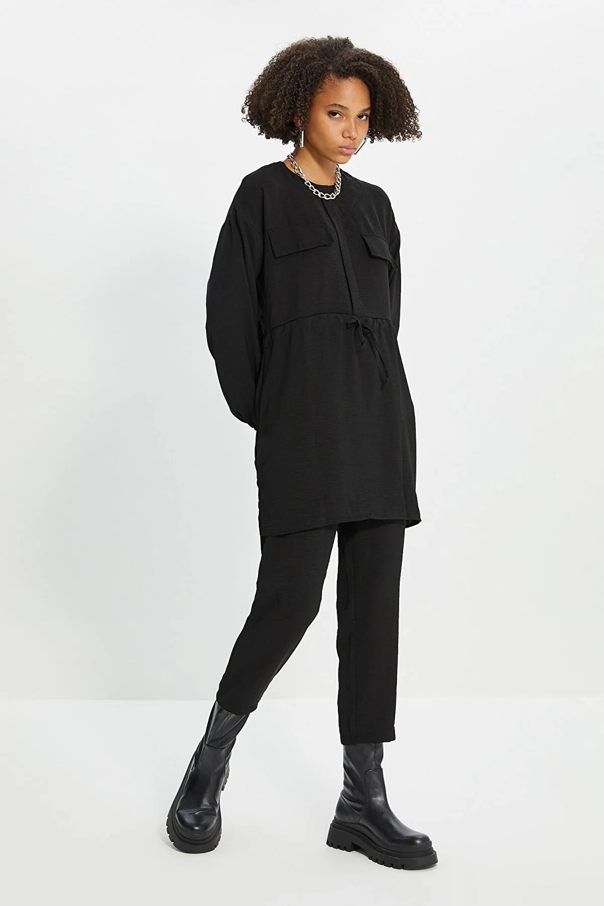 Black Tie Waist Pocket Detailed Aerobin Shirt-Pants Set