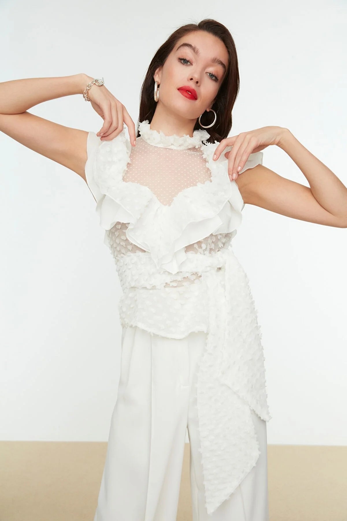 Ecru Tie Detailed Ruffle Blouse