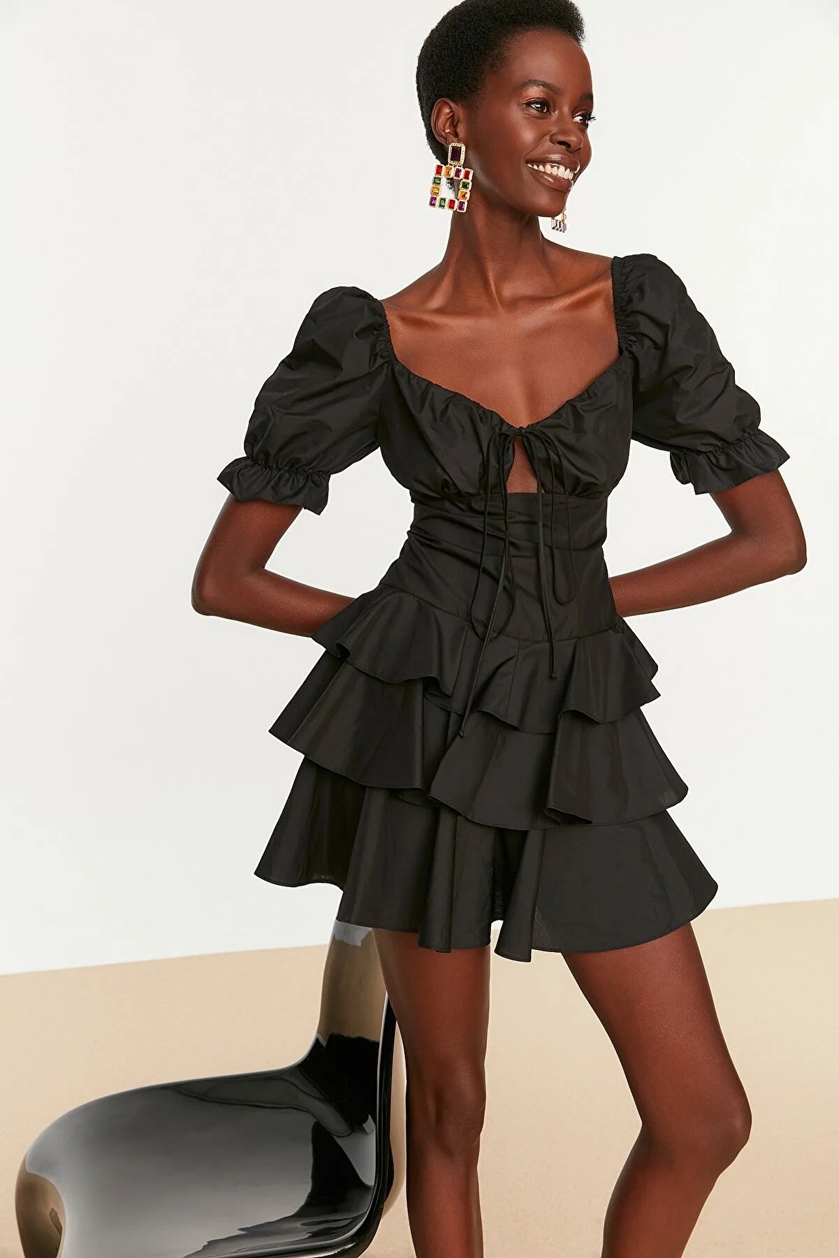 Black Ruffle Detailed Poplin Dress