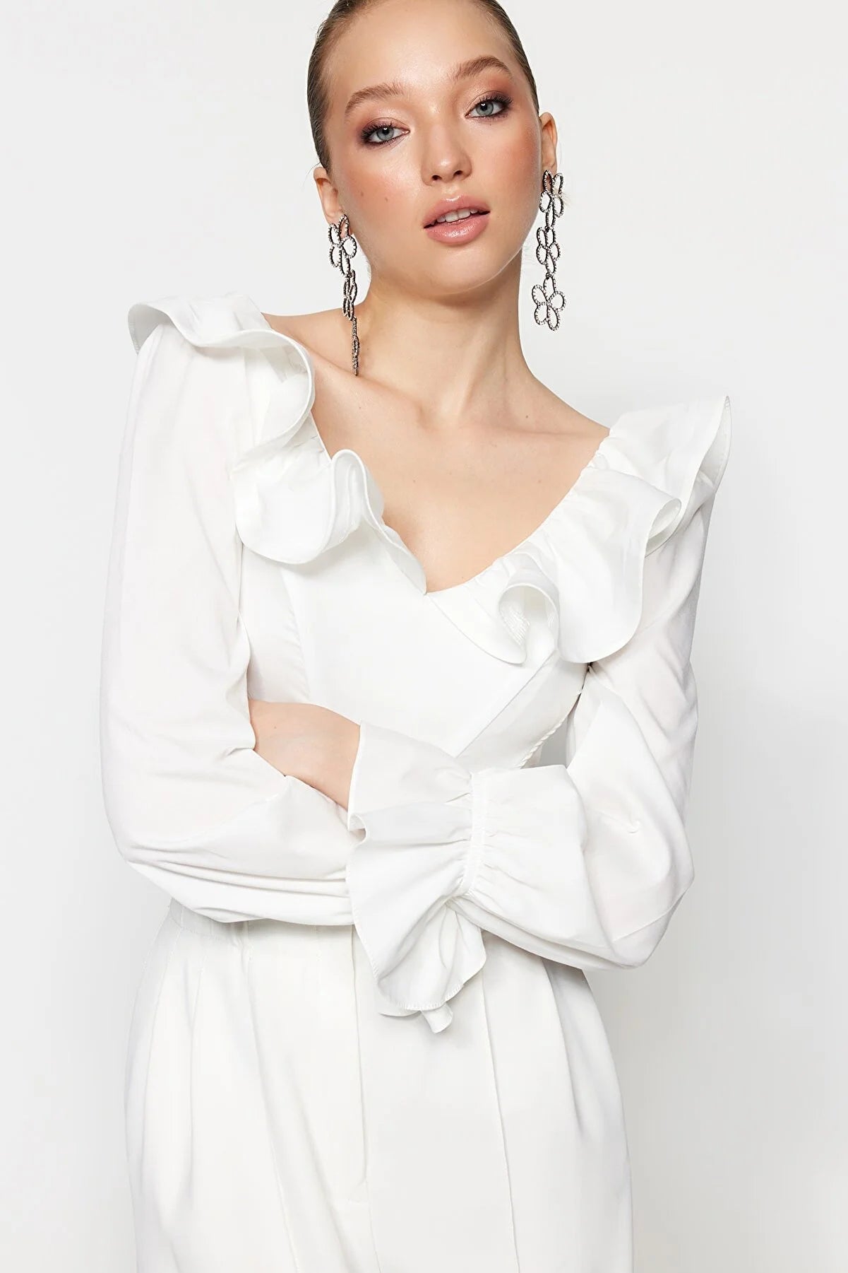 Ecru Blouse with Flounce Detailed