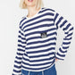 Navy Blue Pocket Patch Detail Striped Knitted Blouse