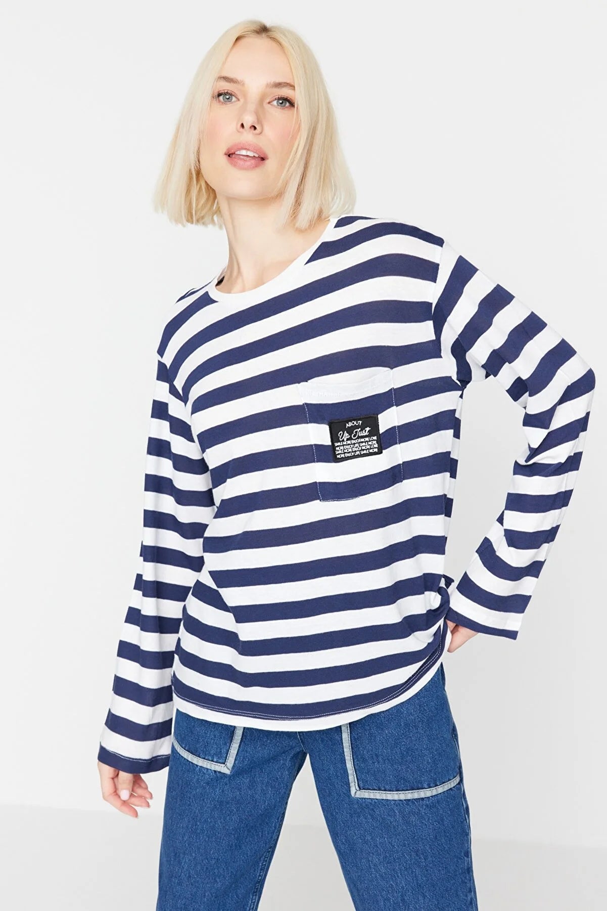 Navy Blue Pocket Patch Detail Striped Knitted Blouse