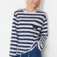 Navy Blue Pocket Patch Detail Striped Knitted Blouse