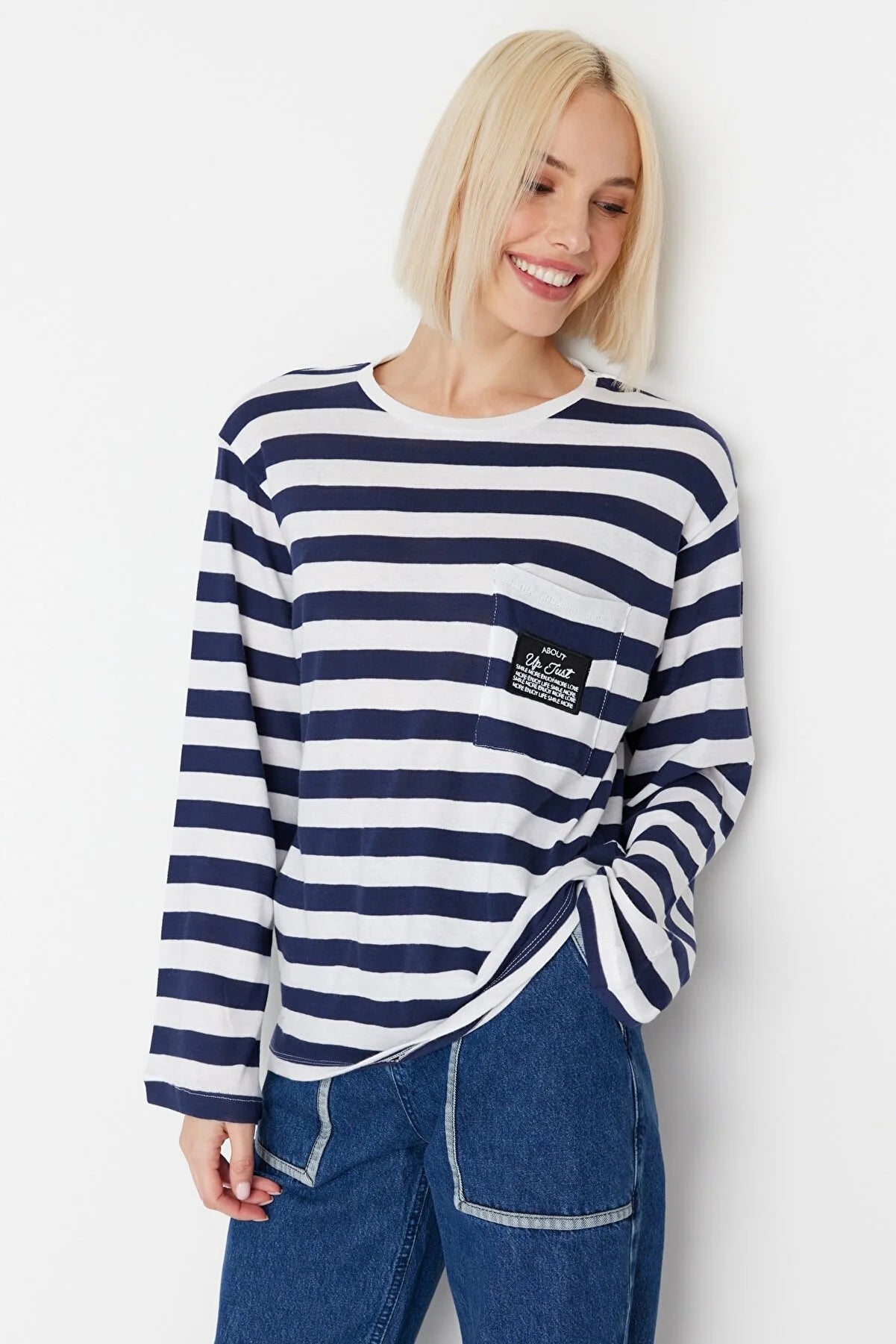 Navy Blue Pocket Patch Detail Striped Knitted Blouse