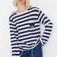 Navy Blue Pocket Patch Detail Striped Knitted Blouse