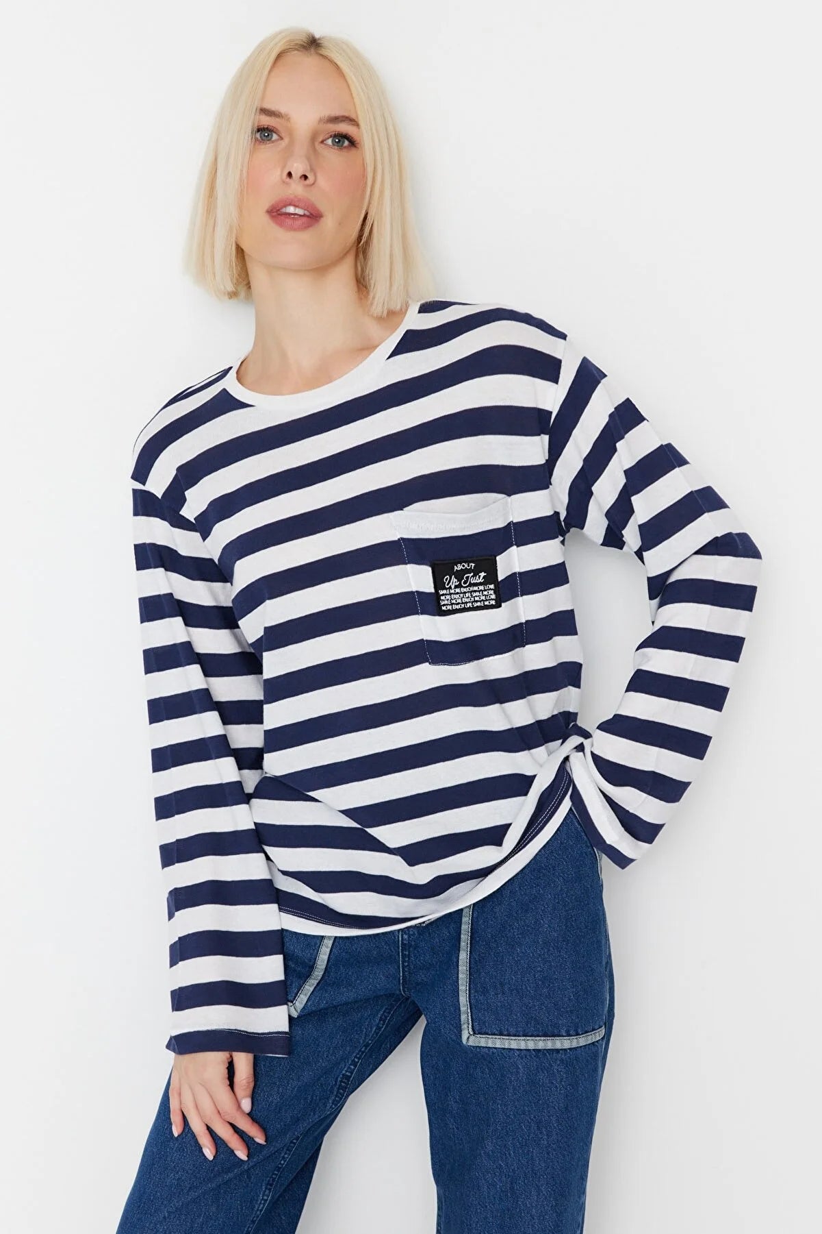 Navy Blue Pocket Patch Detail Striped Knitted Blouse