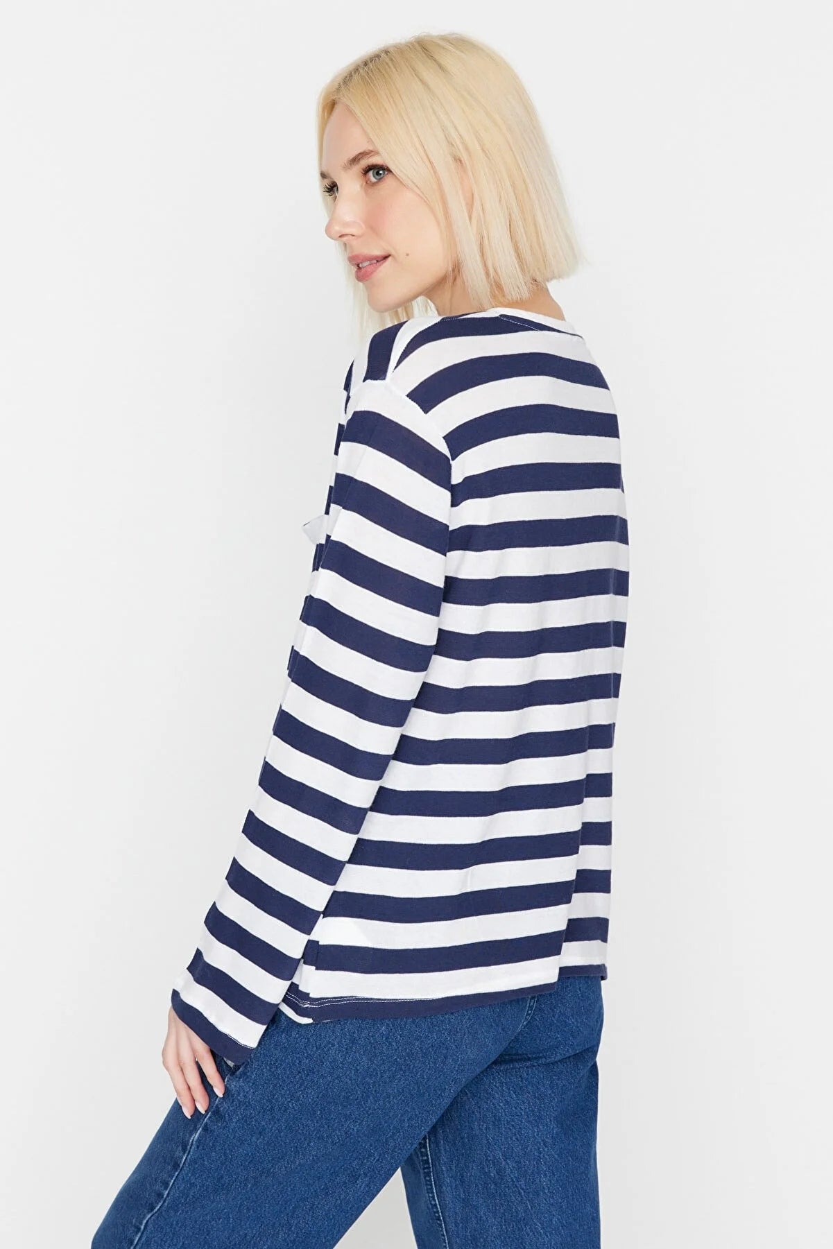Navy Blue Pocket Patch Detail Striped Knitted Blouse