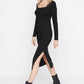Black Square Neck Ribbed Bodycon Midi Knitted Dress