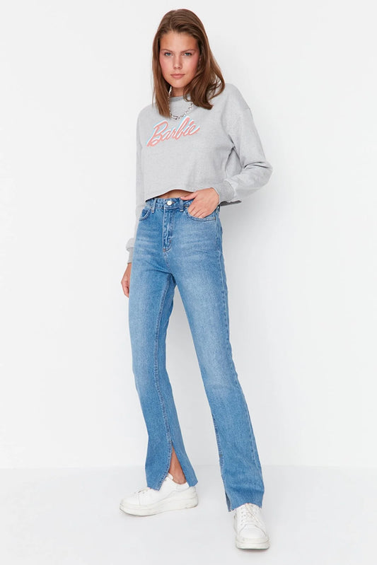 Navy Blue Slit High Waist Slim Flare Jeans