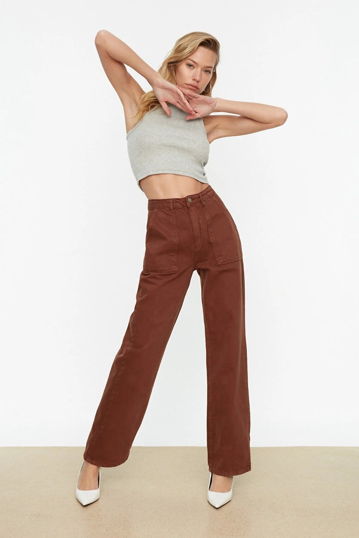 Brown Pocket Detailed High Waist Wide Leg Jeans