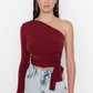 Claret Red One Sleeve Tie Detailed Fitted Knitted Blouse
