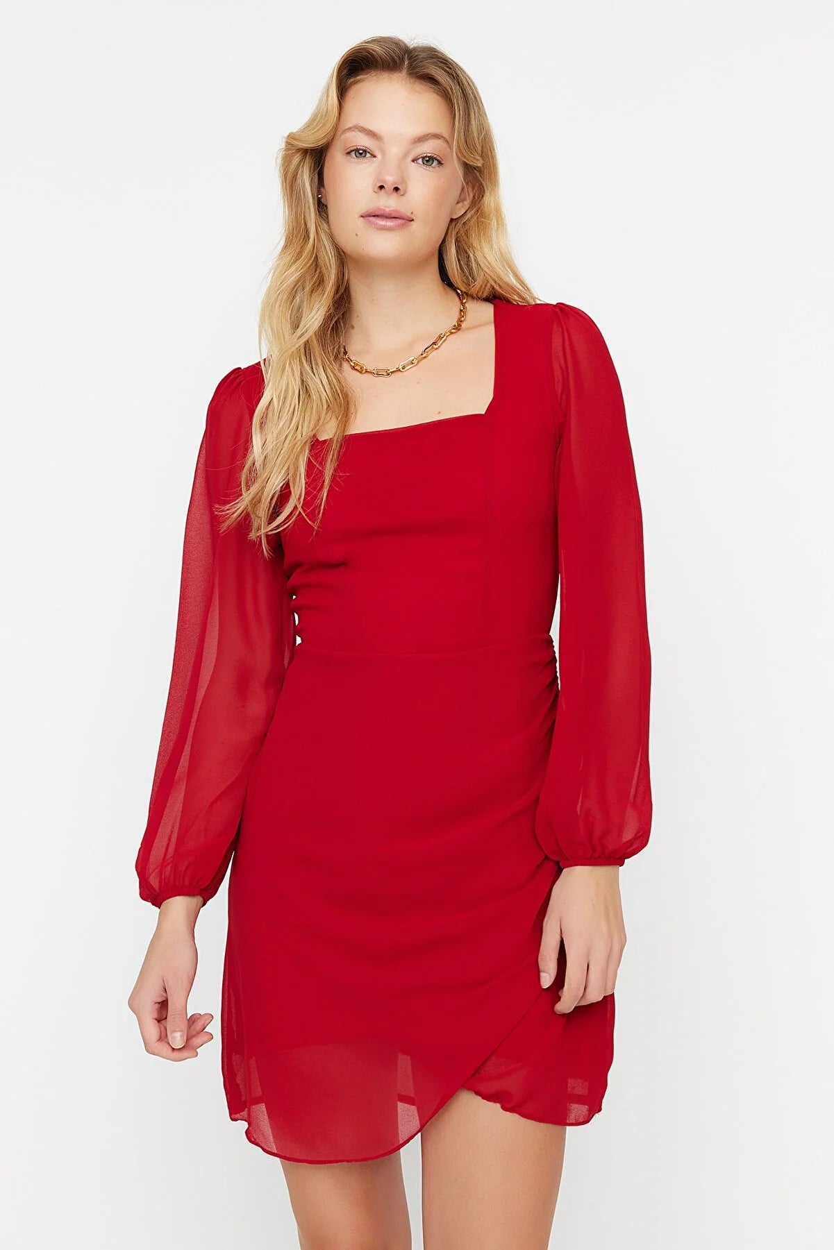 Claret Red Square Collar Dress
