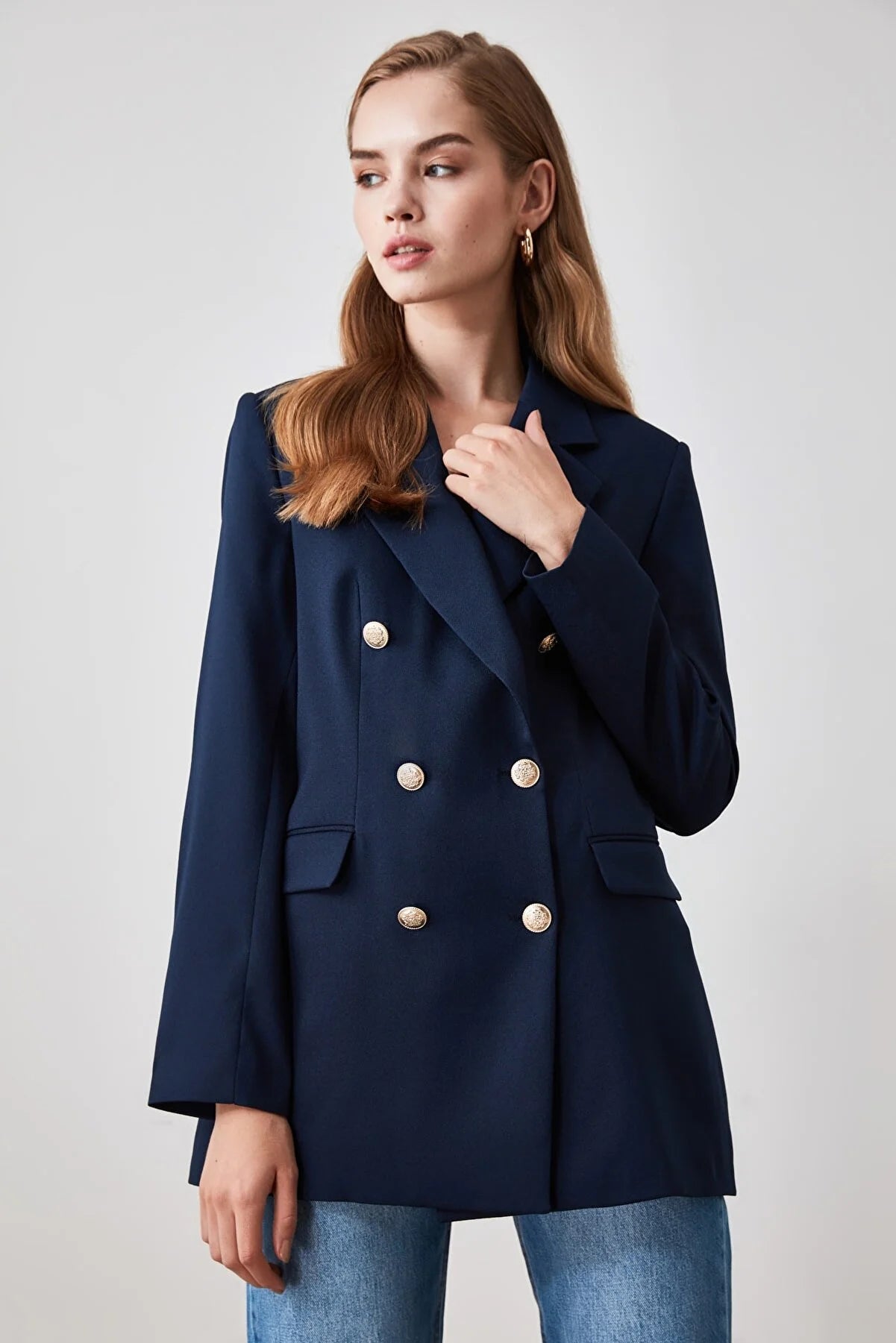 Navy Blue Button Detailed Oversize