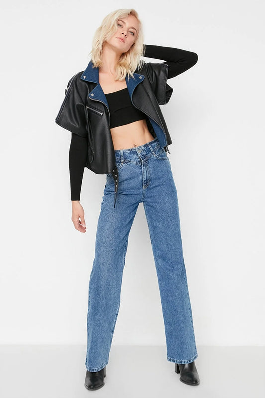 Dark Blue Waist Detailed High Waist Wide Leg Jeans