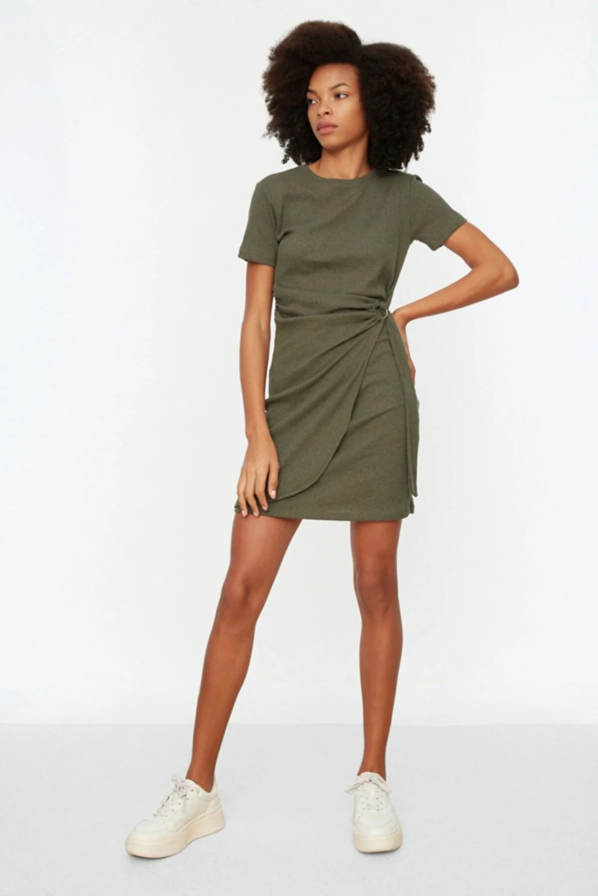 haki Buckle Detailed Corduroy Knitted Dress