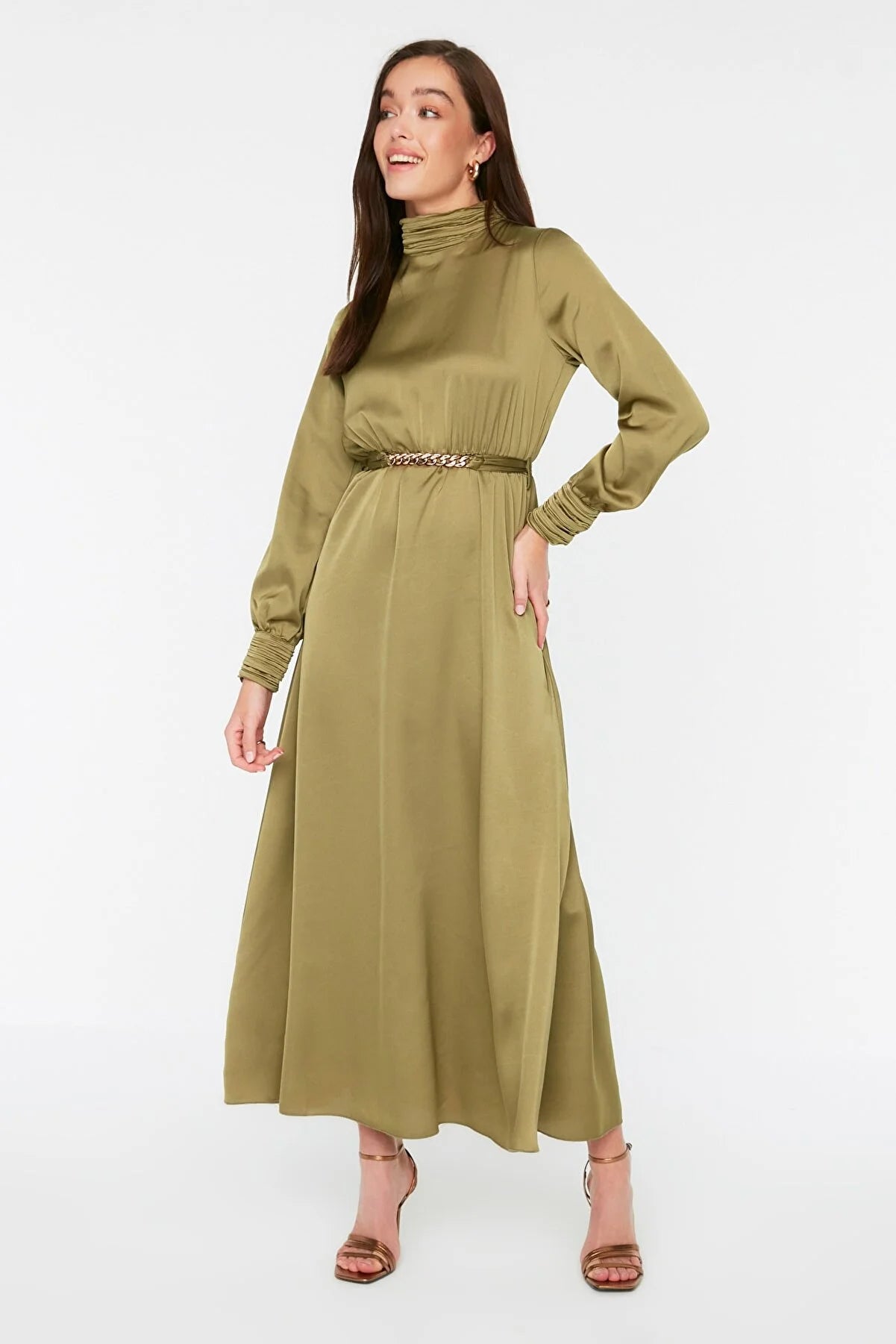 Green Belted Collar and Cuff Draped Detailed Evening Dress