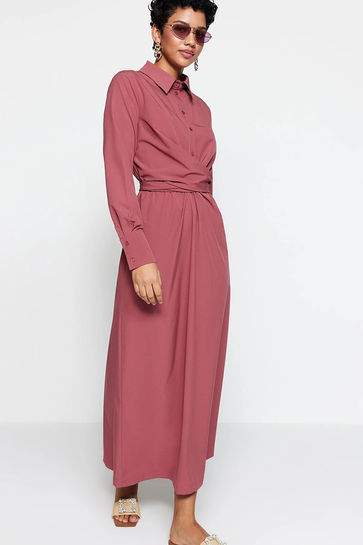 Dried Rose Lacing Detailed Half Pat Parachute Fabric Woven Dress