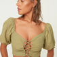 Green Tie Detailed Balloon Sleeve Beach Blouse