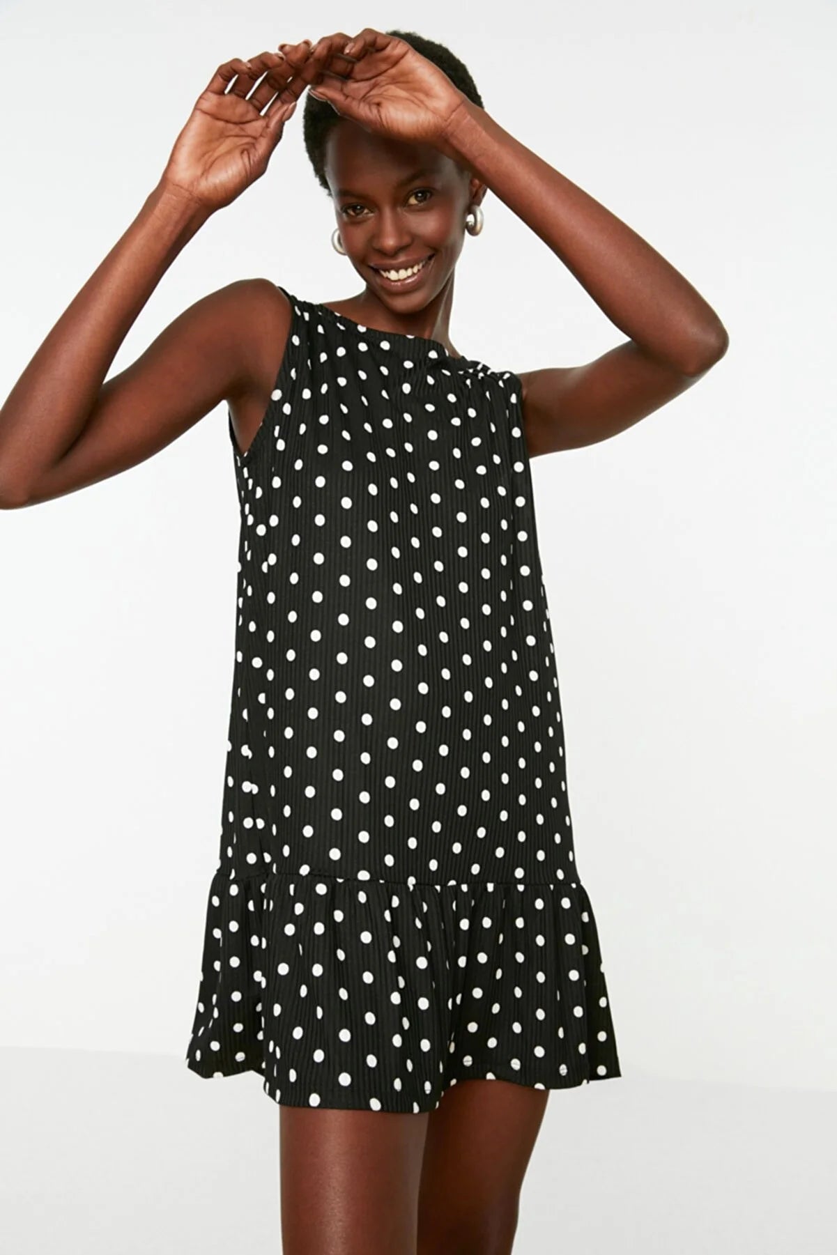 Black Ruffle Printed Ribbed Knitted Dress