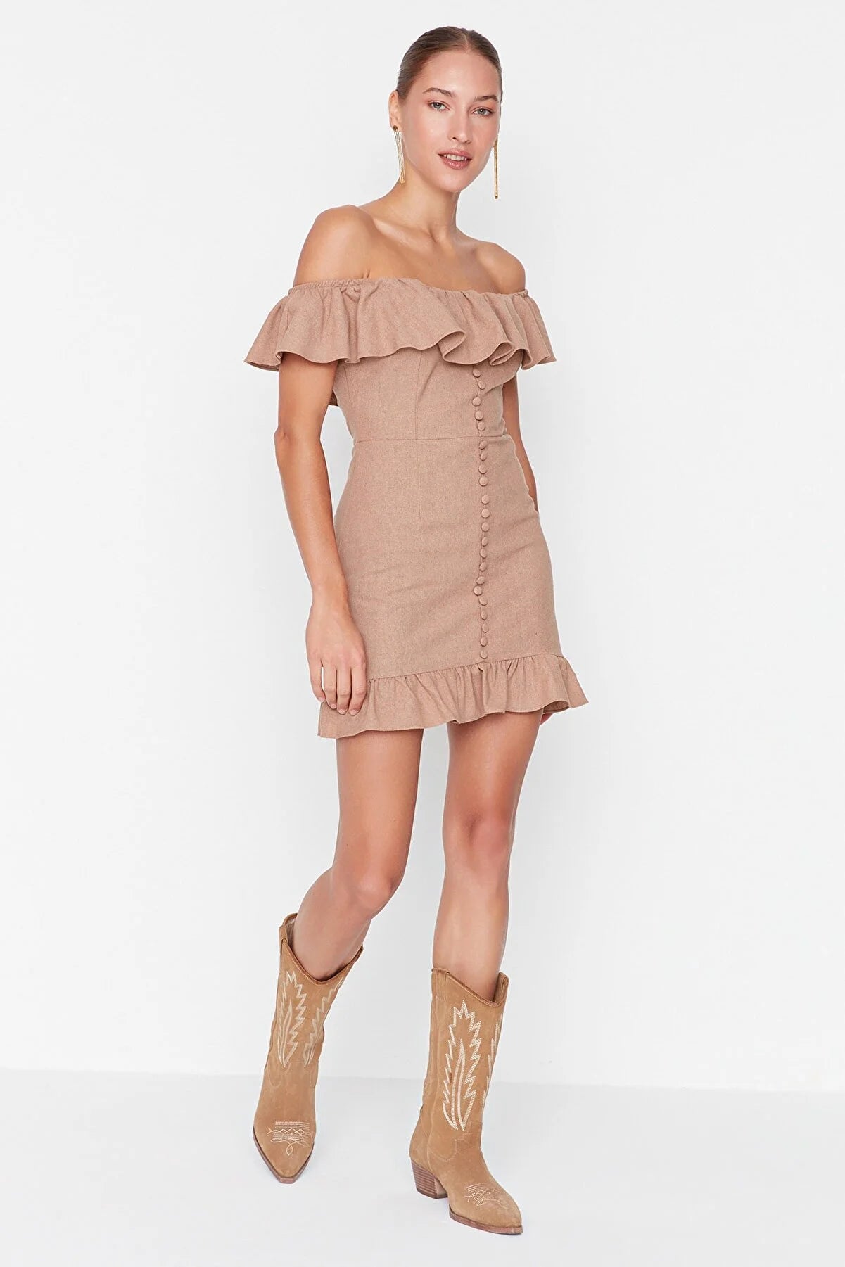 Camel Petite Frilly Dress