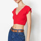 Red Ribbed Crop Knitted Blouse