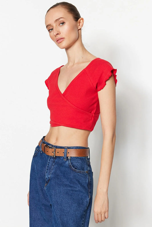Red Ribbed Crop Knitted Blouse