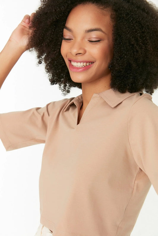 Mink Polo Collar Crop Knitted T-Shirt