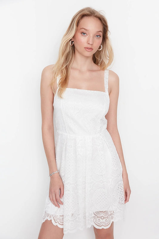 Ecru Strap Brode Dress