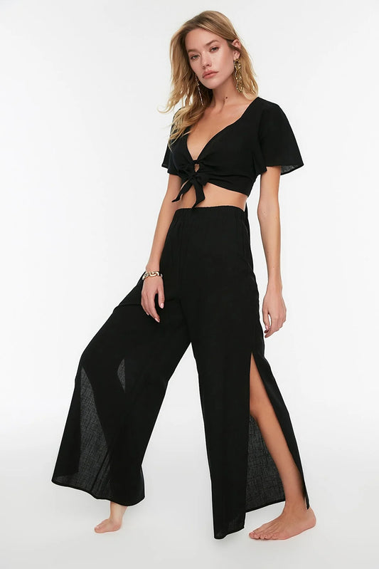 Black Slit Detailed Linen Look Trousers