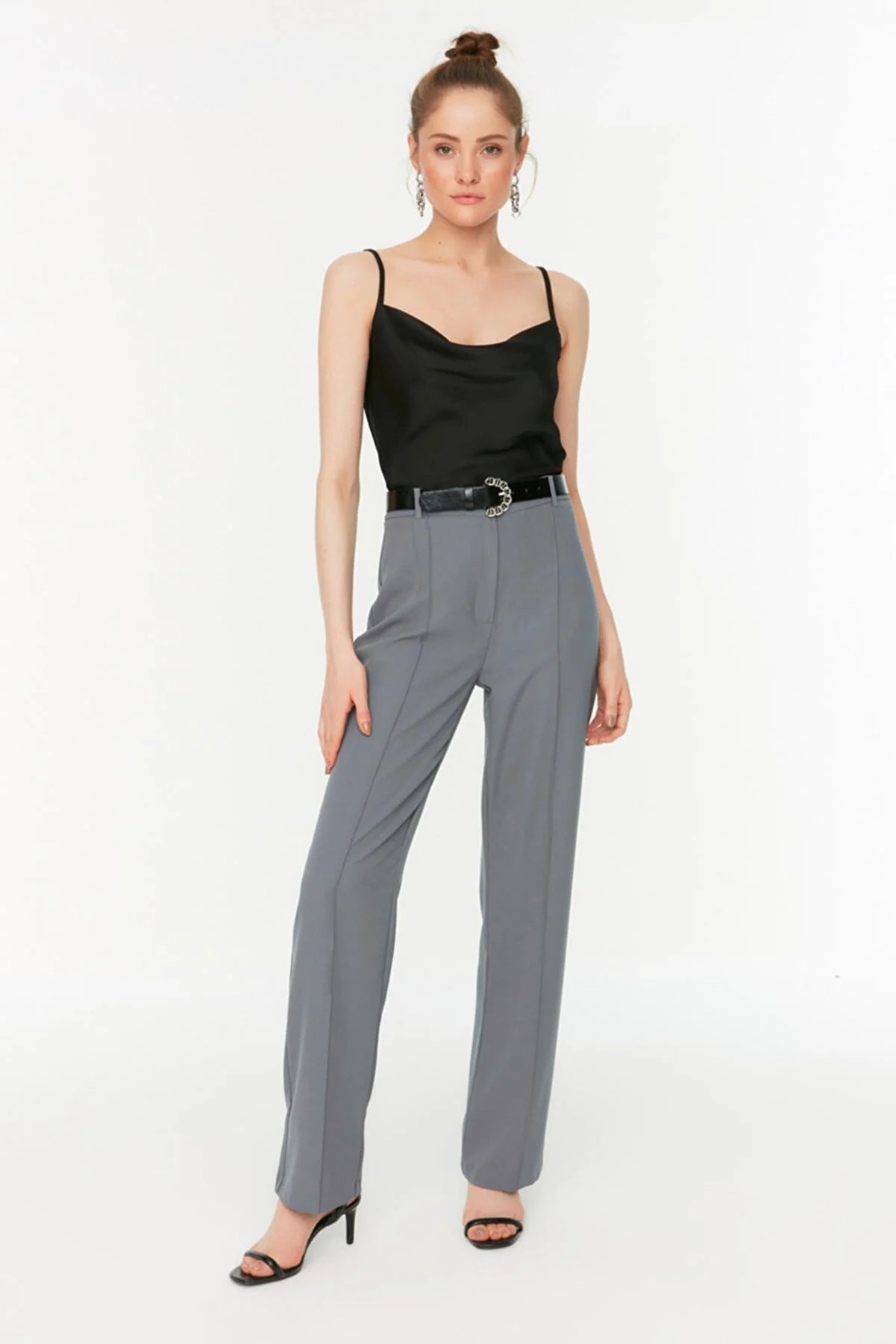 Gray High Waist Rib Stitched Trousers