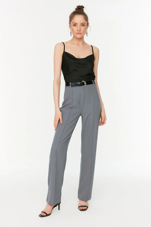 Gray High Waist Rib Stitched Trousers