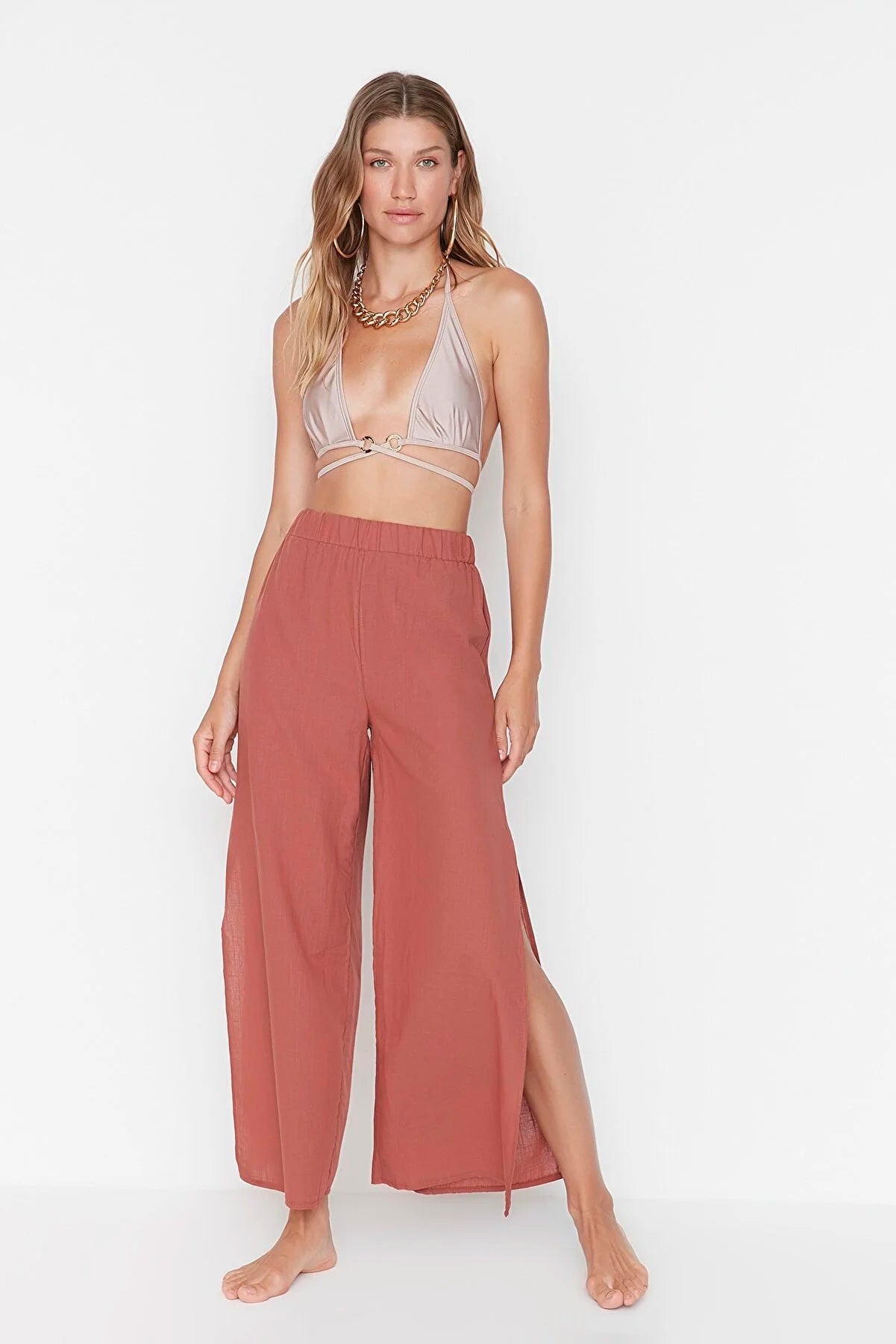 Cinnamon Linen Textured Slit Trousers