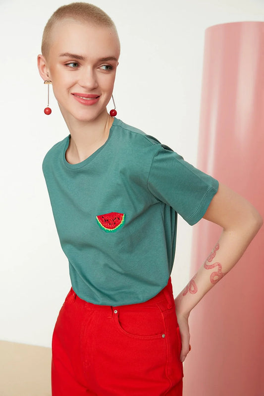 Green Semifitted Embroidered Knitted T-Shirt