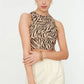 Camel Halter Collar Corduroy Knitted Blouse