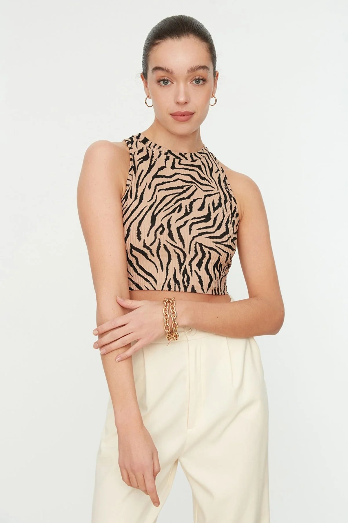 Camel Halter Collar Corduroy Knitted Blouse