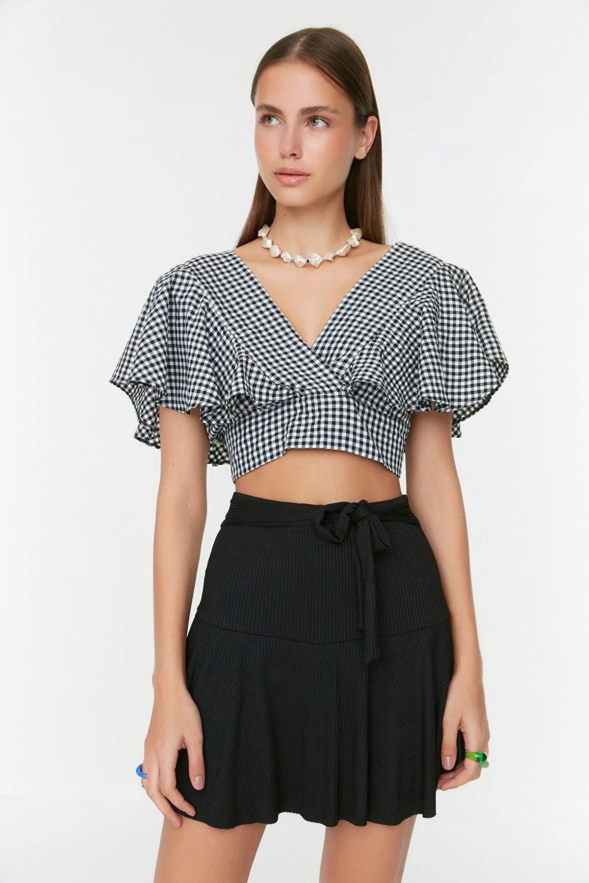 Black Skirt Look Ribbed Knitted Shorts & Bermuda