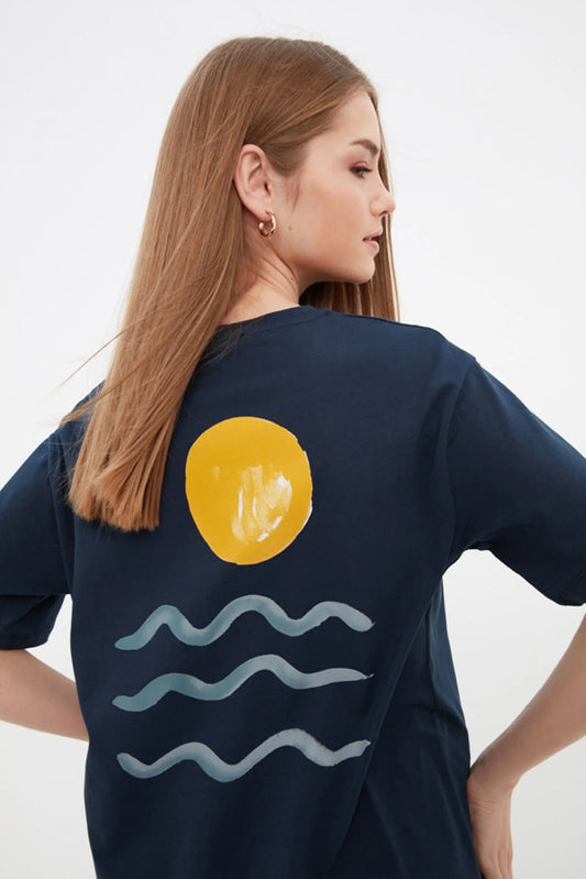 Navy Blue Printed Boyfriend Knitted T-Shirt