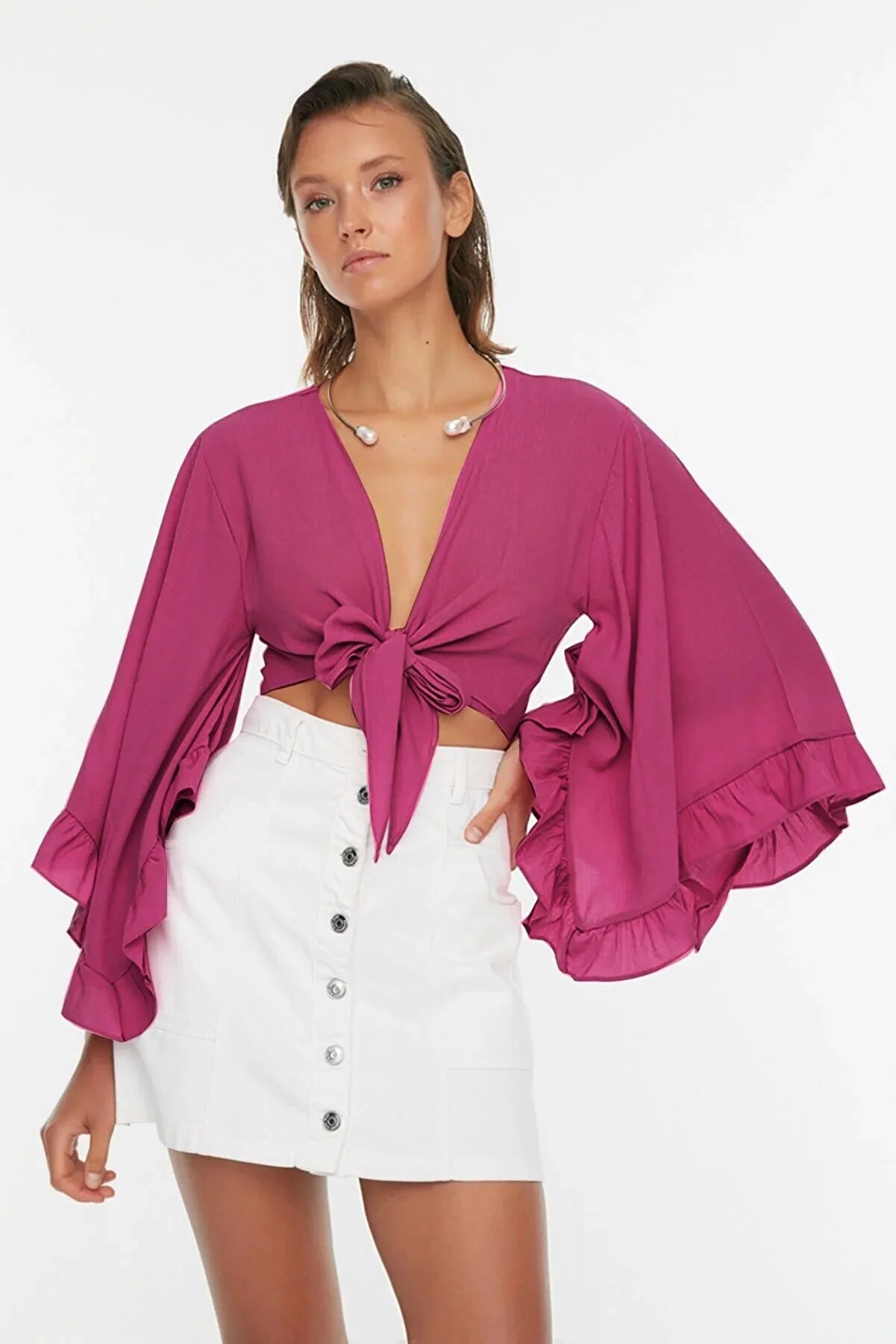Fuchsia Flywheel Detailed Viscose Beach Blouse