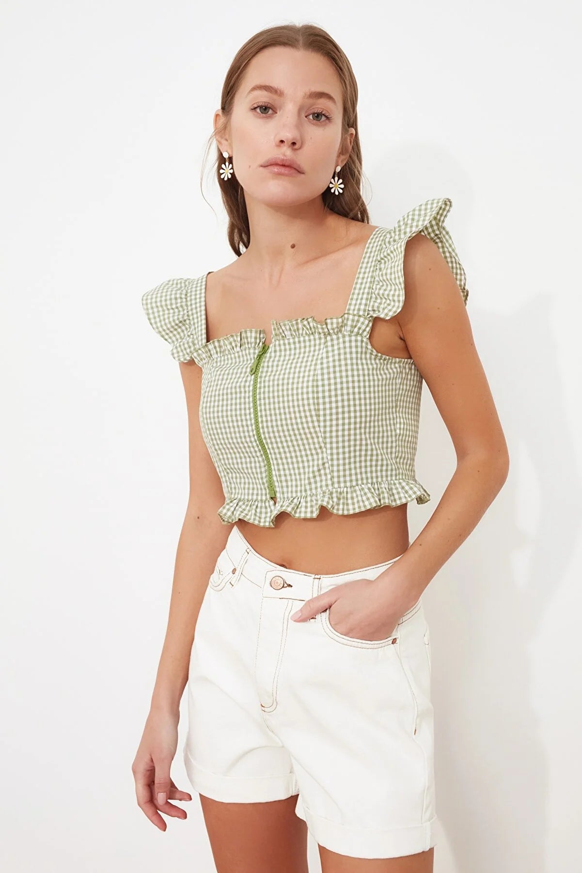 Green Zipper Detailed Crop Top