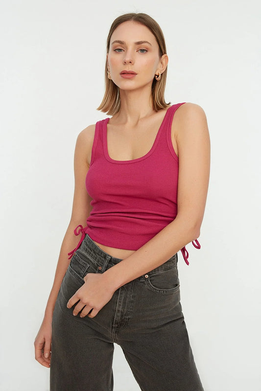 Plum Shirred Detailed Corduroy Crop Knitted Singlet