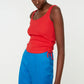 Red Ruffle Detailed Corduroy Knitted Singlet