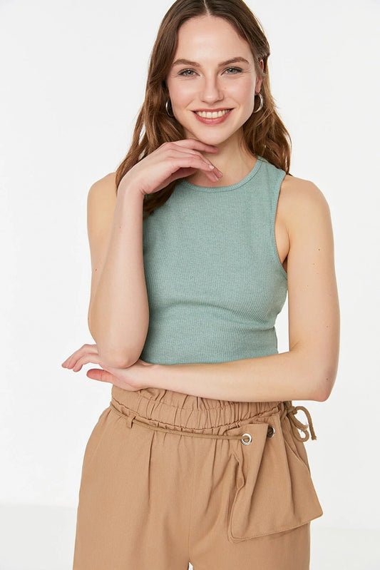 Mint Halter Collar Corduroy Crop Knitted Singlet