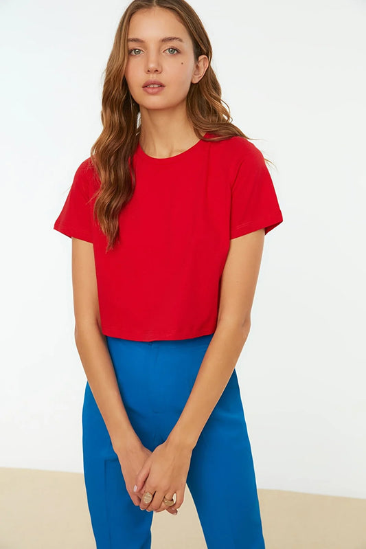 Red Single Jersey Crew Neck Crop Knitted T-Shirt
