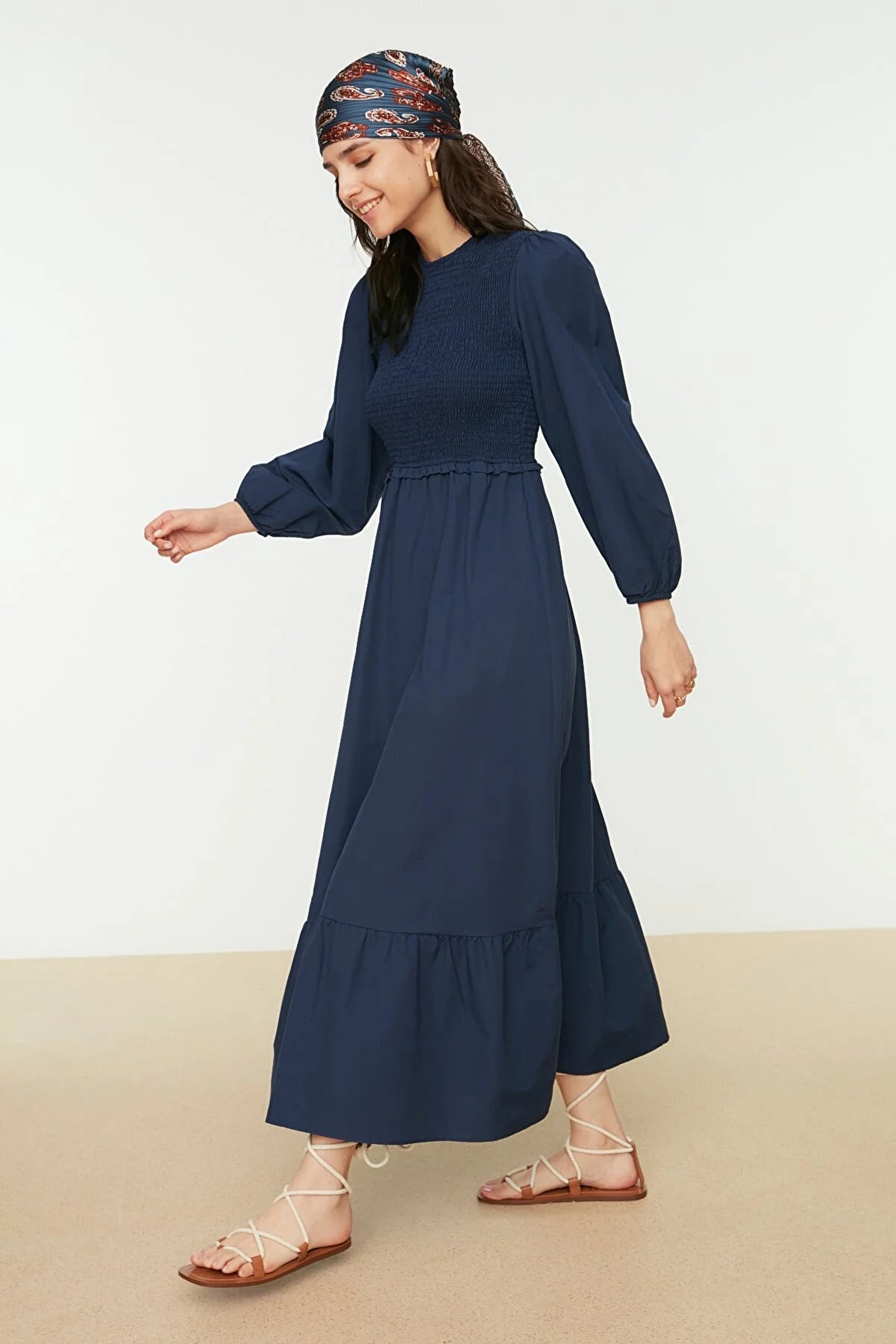 Navy Blue Gipe Detailed Crew Neck Woven Dress