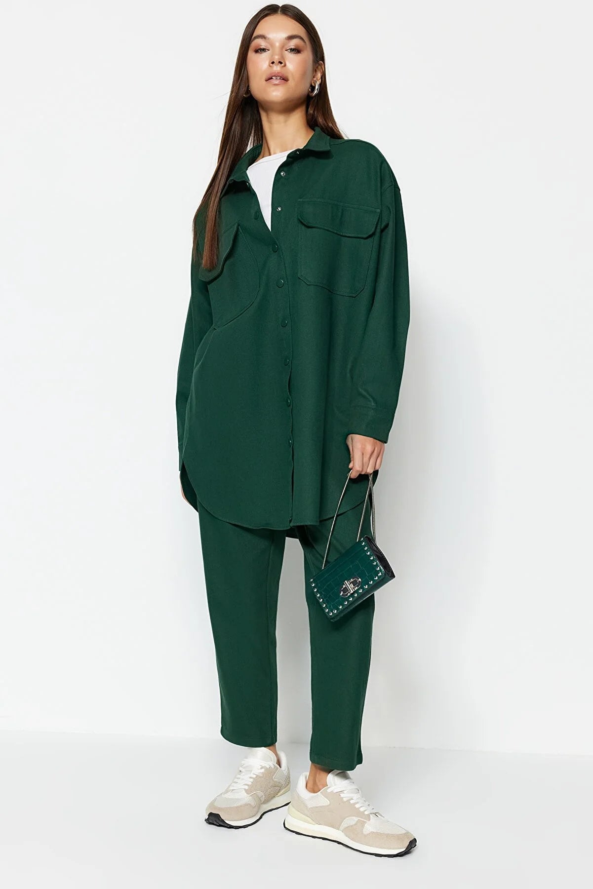 Dark Green Pocket Detailed Snap Closure Shirt-Pants Woven Suit